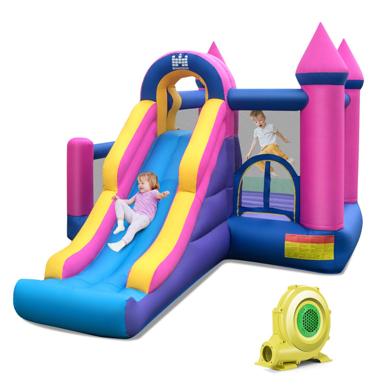 Kids Inflatable Bounce Castle 7-In-1 Jumping House W/ Long Slide And 735W Blower